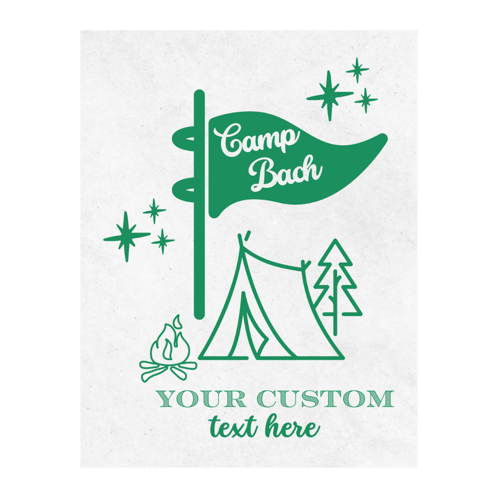 Sunshine Daisy Camp Bach Wine Label design template with camping elements and customizable text on a white background