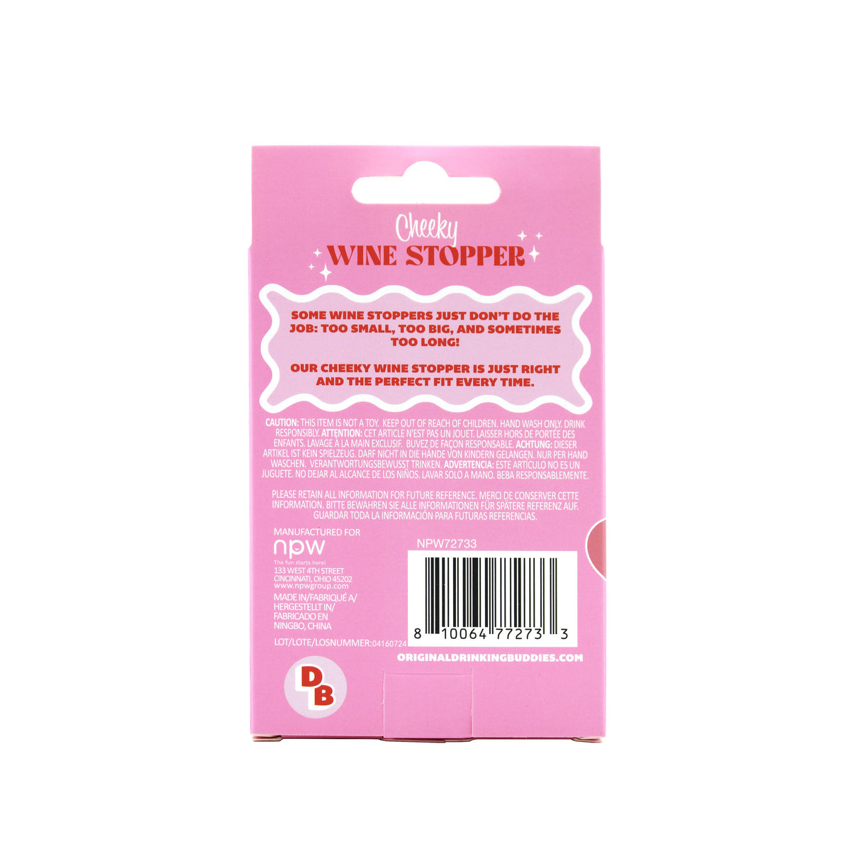 Pink packaging of a wine stopper with text and branding on a white background