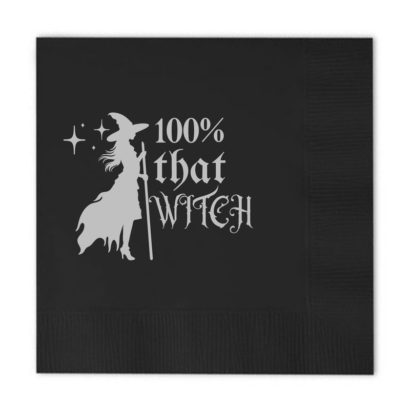 100% That Witch Halloween Cocktail Paper Beverage Napkins, Silver Font