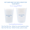 Two Frost Flex cups, one 12oz and one 16oz, are shown alongside each other for comparison. A size chart that helps people determine which cup size will be right for their party is also shown. 