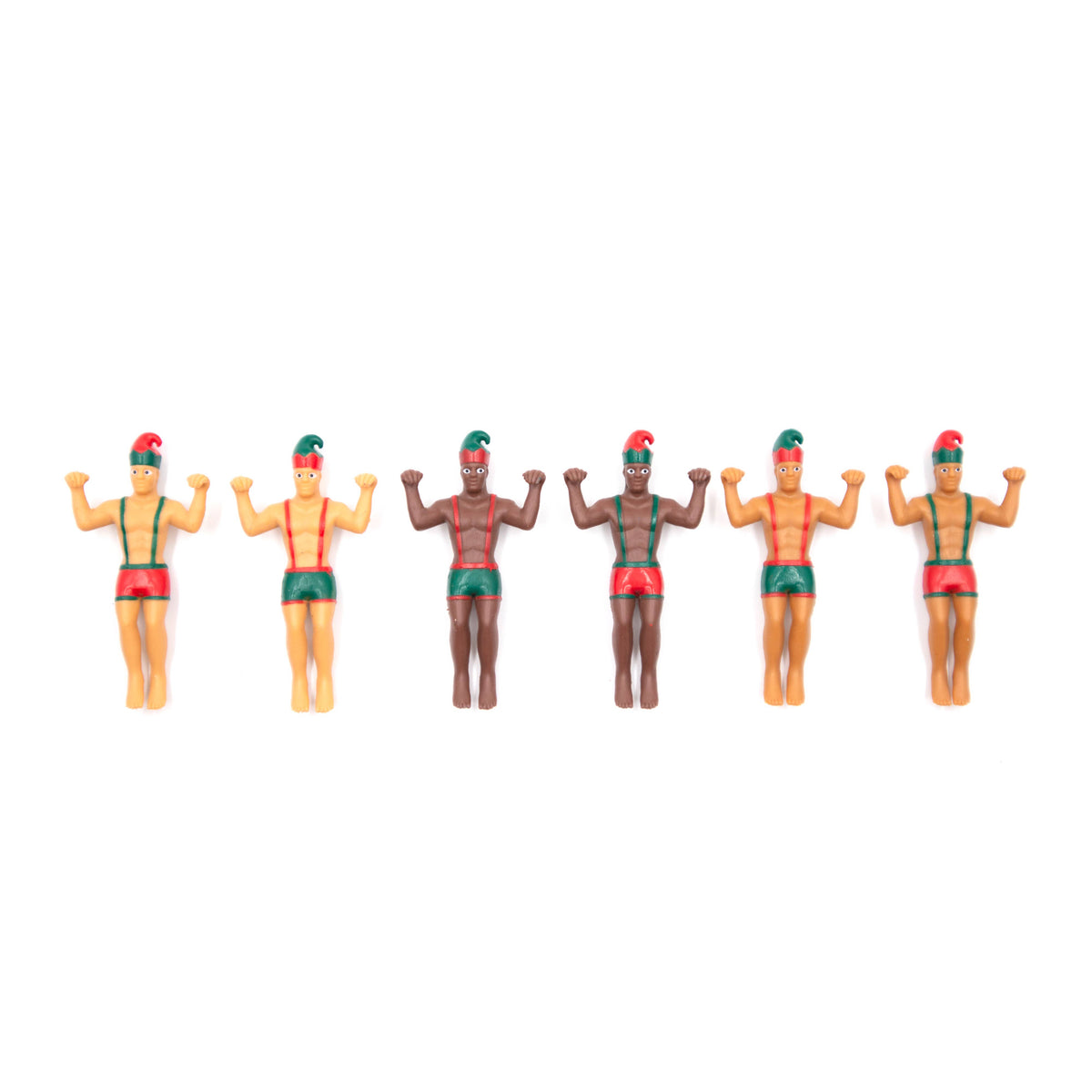 Set of six small figurines in swimsuits on a white background