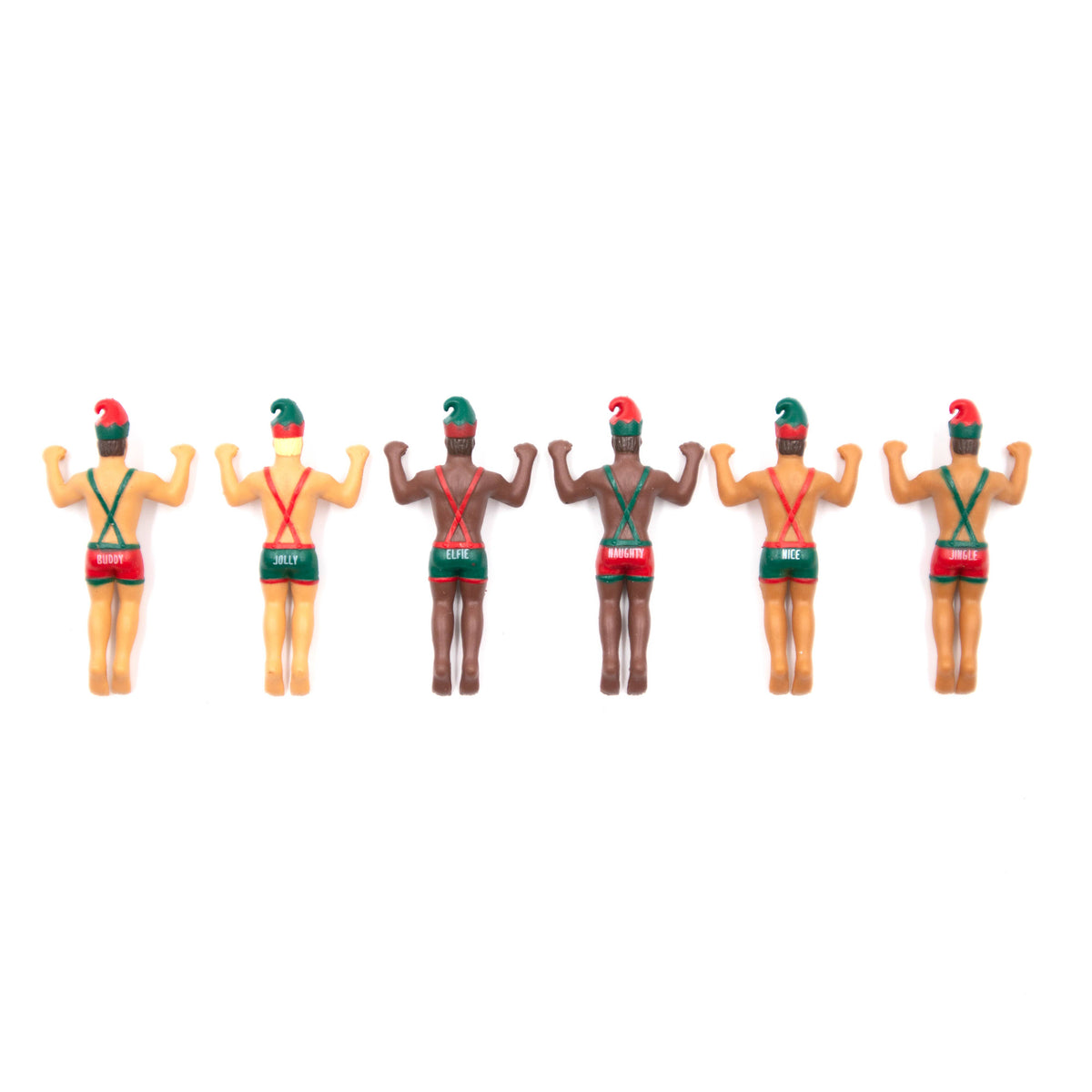 Set of six small figurines in swimsuits on a white background