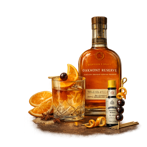 Acrlyic napkin ring with an image of Oakmont Reserve whiskey bottle an old fashioned cocktail and garnishes on a white background