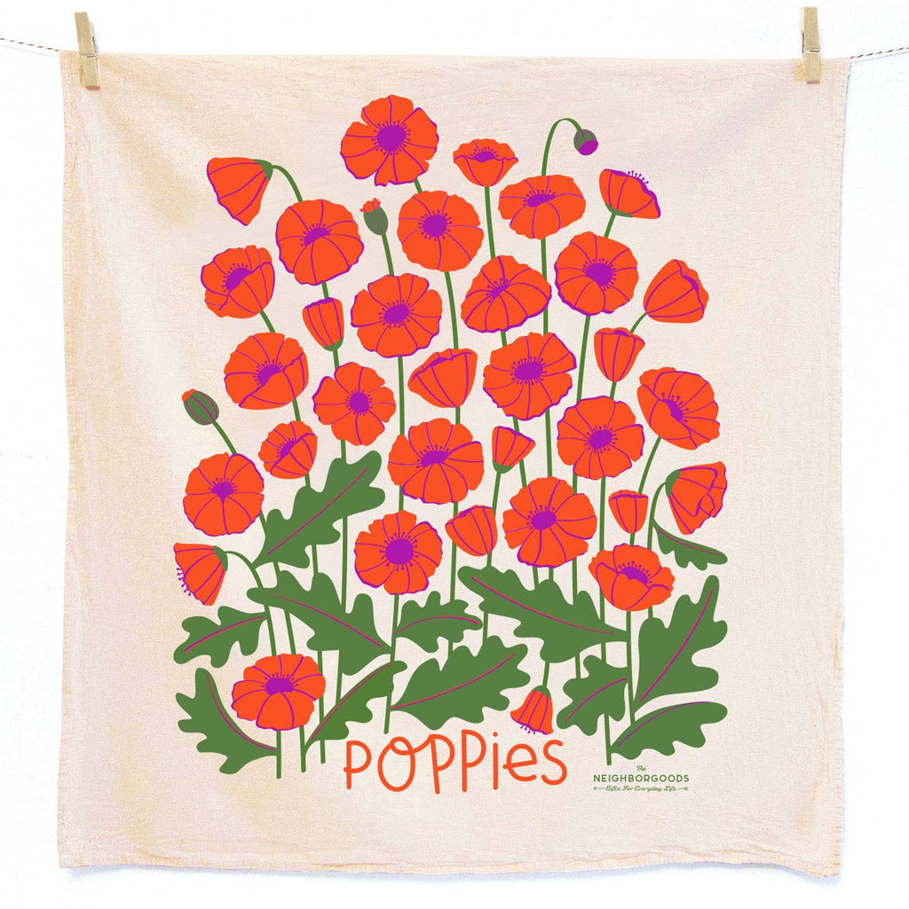 Tea towel with red poppies design and 'Poppies' text, shown on a white background