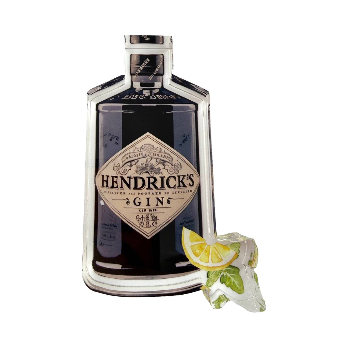 Acrylic napkin weight in the form of a Bottle of Hendrick's Gin with a lemon wedge on a white background