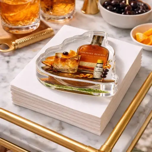 An old fashioned themed cocktail weight is shown on a decorative tray with glasses and snacks on a marble surface.