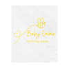 White wine label with yellow text 'Baby Emma arriving soon...' and a bee illustration is shown on a white background