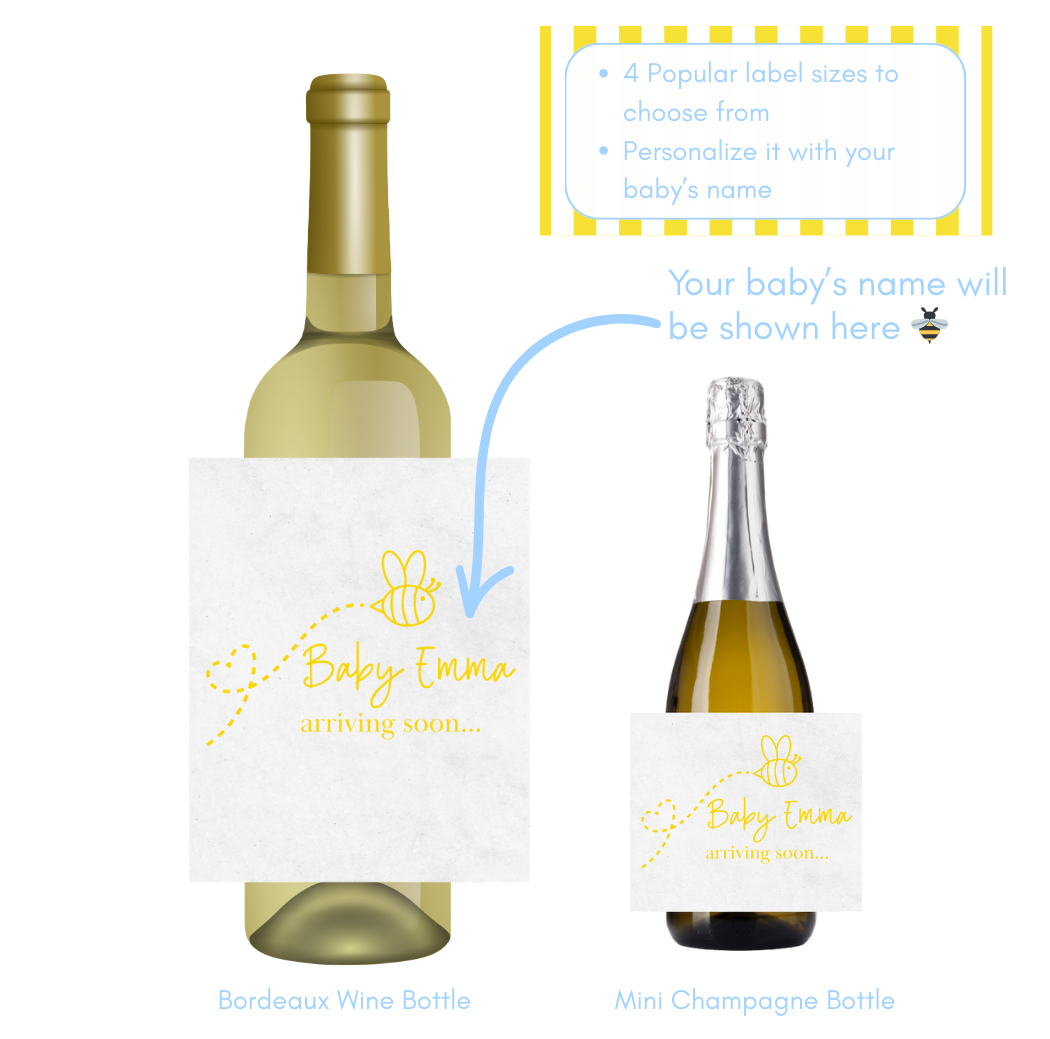 Two wine bottles with personalized labels for a baby shower, one for Bordeaux wine and one for mini champagne.