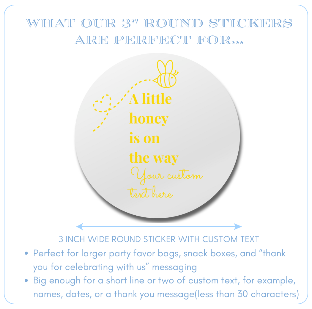 Personalized "A Little Honey Is On The Way" Bee Baby Shower Stickers For Party Favors & Gift Bags | Custom Name | Multiple Sizes Available