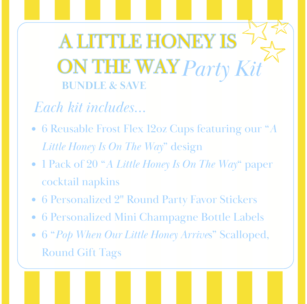 "A Little Honey Is On The Way" Personalized Bee Baby Shower Party Kit - Cups, Napkins, Stickers, Gift Tags & Mini Champagne Labels