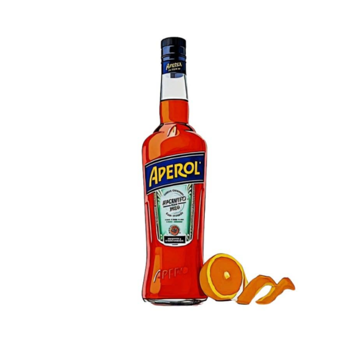 An acrylic napkin weight in the shape on an Aperol Spritz bottle with an orange and orange peel is shown on a white background