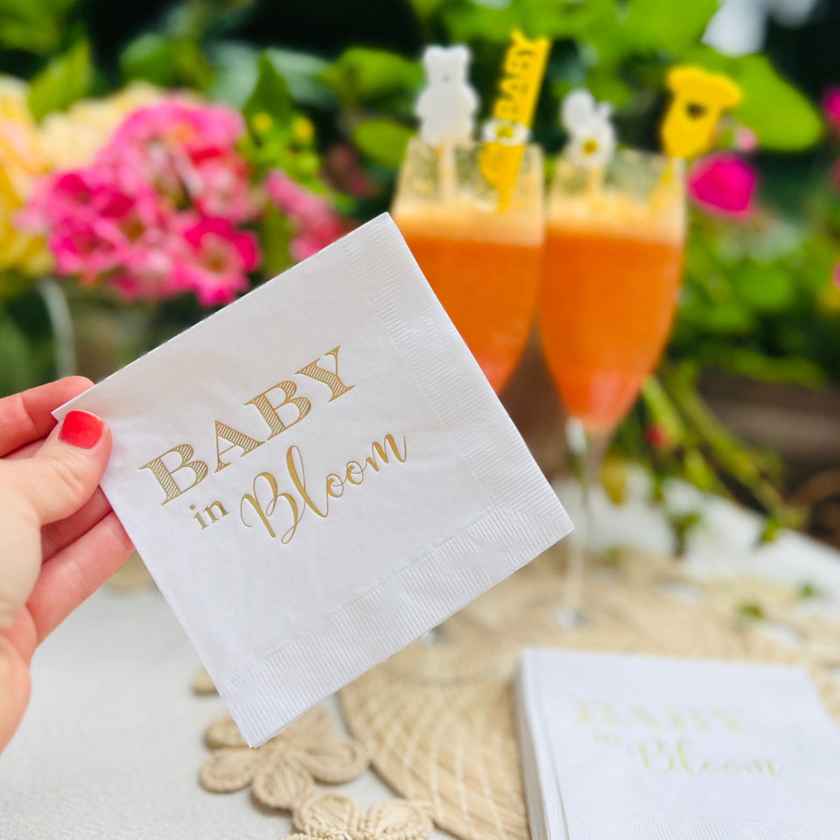 Baby In Bloom Baby Shower Holographic Cocktail Paper Napkins | Boho Baby Shower Napkins