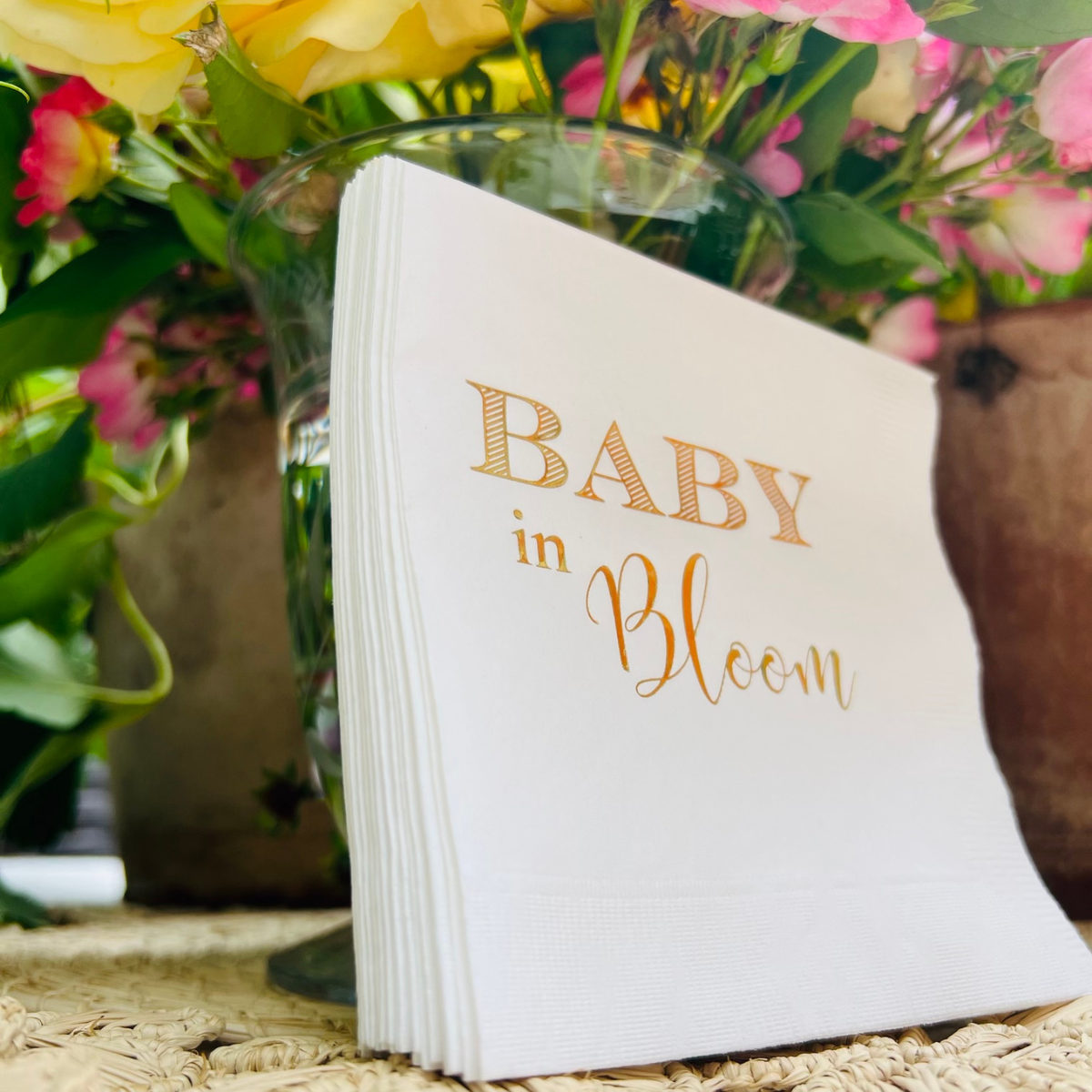 Baby In Bloom Baby Shower Holographic Cocktail Paper Napkins | Boho Baby Shower Napkins