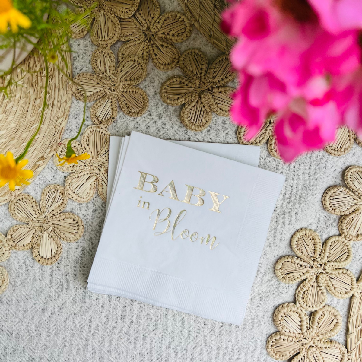 Baby In Bloom Baby Shower Holographic Cocktail Paper Napkins | Boho Baby Shower Napkins