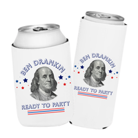 Two white can coolers with Benjamin Franklin's portrait and text that reads "Ben Drankin - Ready to Party" for 4th of July and Independence Day parties 