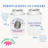 The front and the back of a personalized can cooler is shown against a white background. The front of the can cooler features the main "Ben Drankin - Ready to Party" design, and the back of the can cooler shows where custom text will appear, if personalization is selected
