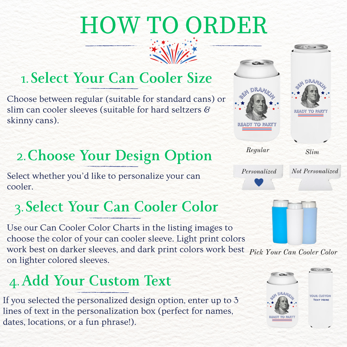 Instructions on how to order can coolers with design options and customization steps.
