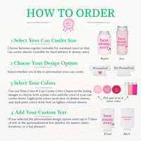 Instructions on how to order a 'best mom ever' can cooler with design options and color choices.