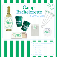 Collection of 'Camp Bachelorette' themed party supplies including wine labels, cups, and stirsticks on a green and white striped background.