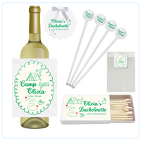 Wine bottle, stir sticks, matches, and gift tags with 'Olivia's Bachelorette' branding on a white background for camp bachelorettes