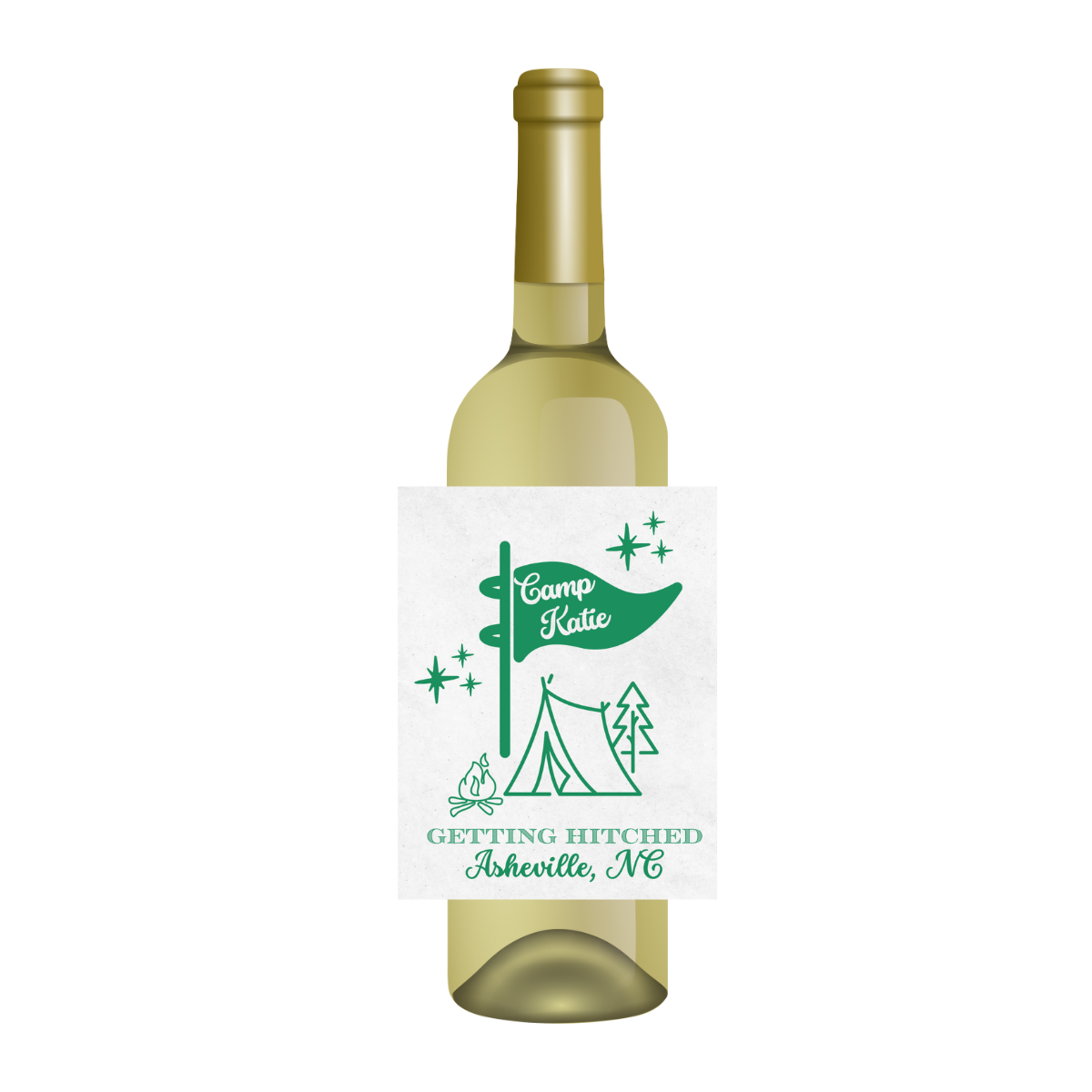 Camp Bachelorette Customizable Sunshine Daisy Wine Label on a wine bottle with a white background.