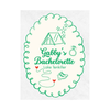 Personalized bachelorette wine label with green text and camping-themed graphics on a white background.