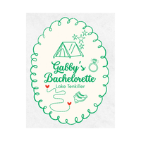 Personalized bachelorette wine label with green text and camping-themed graphics on a white background.