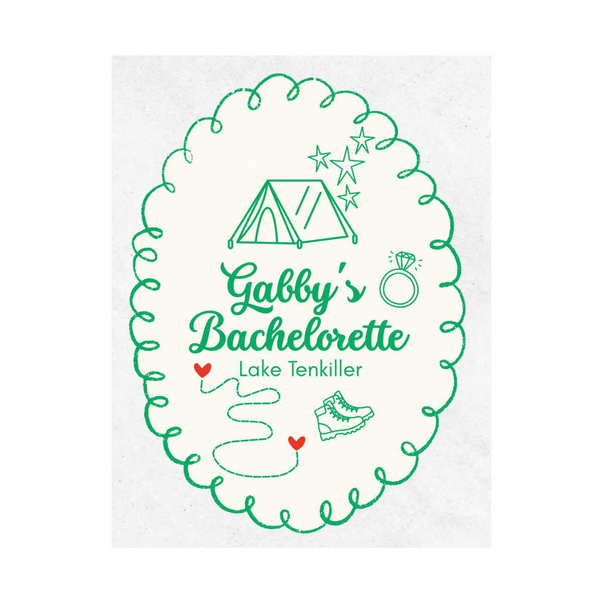 Personalized bachelorette wine label with green text and camping-themed graphics on a white background.