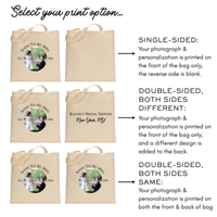 A product information graphic showing six natural canvas tote bags arranged in a grid with printed example designs and explanatory text about single-sided and double-sided personalization options.