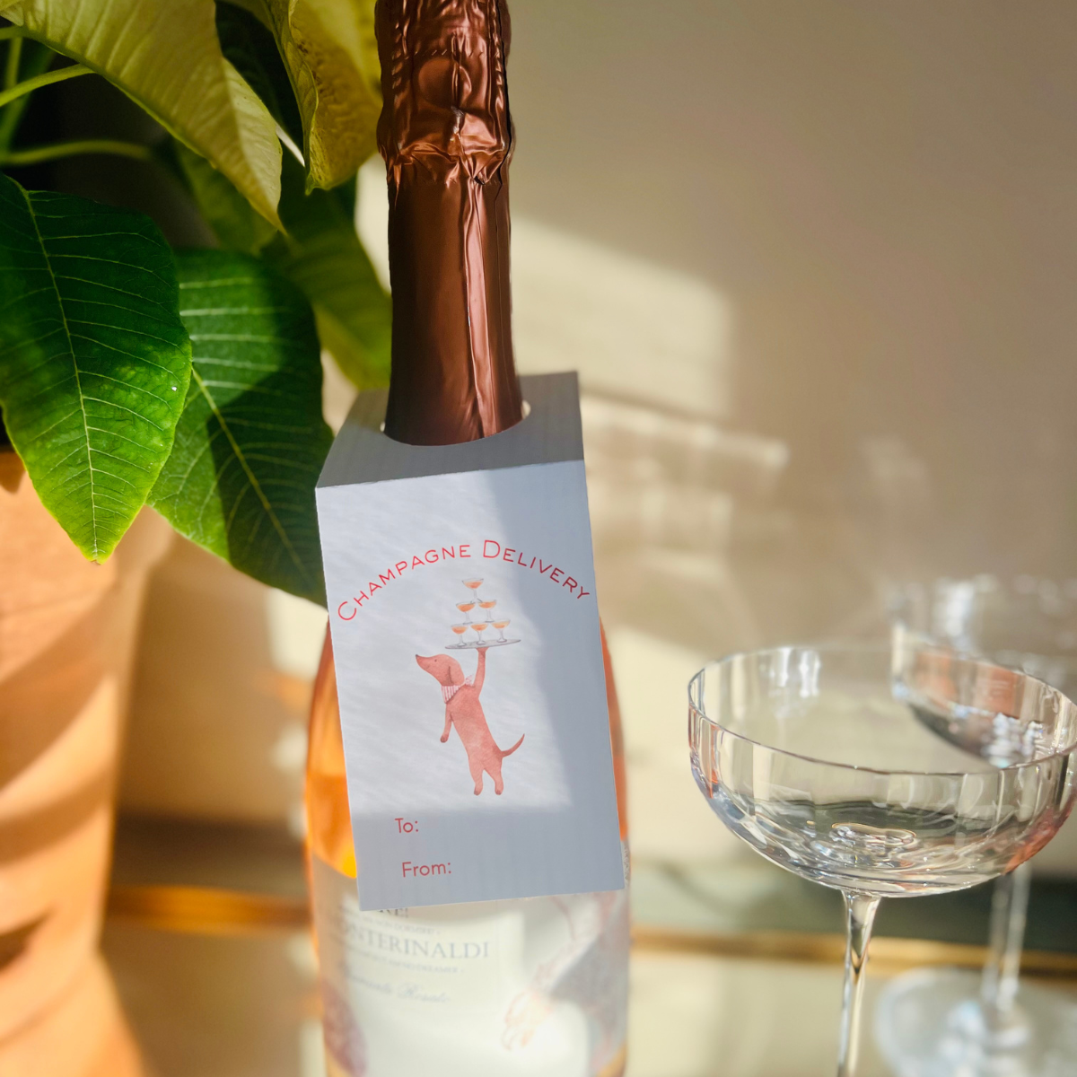 Champagne Delivery Wine Tags with Dog | Cardstock Bottle Tags, Set of 3 for Celebrations & Gifting
