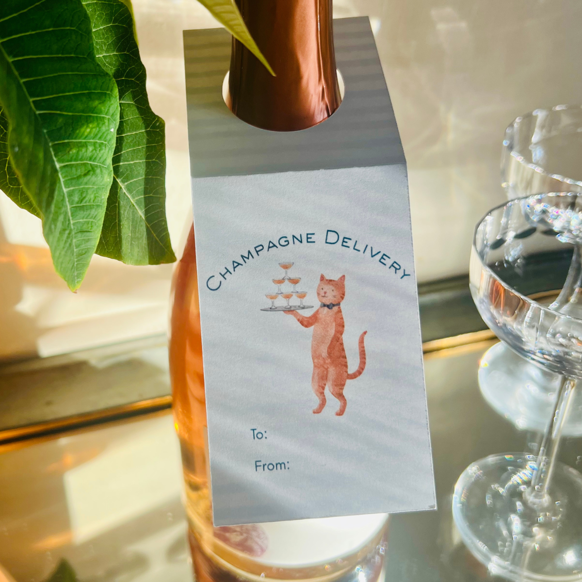 Champagne Delivery Wine Tags with Cat | Cardstock Bottle Tags, Set of 3 for Celebrations & Gifting