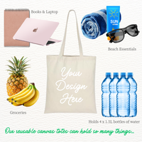 A reusable canvas tote bag centered on a light textured background, surrounded by labeled lifestyle-style product clusters: a pink laptop and notebook under 'Books & Laptop,' a rolled blue towel and sunglasses with a blue sunscreen bottle under 'Beach Essentials,' a pineapple and bananas under 'Groceries,' and four blue water bottles under 'Holds 4 x 1.5L bottles of water.