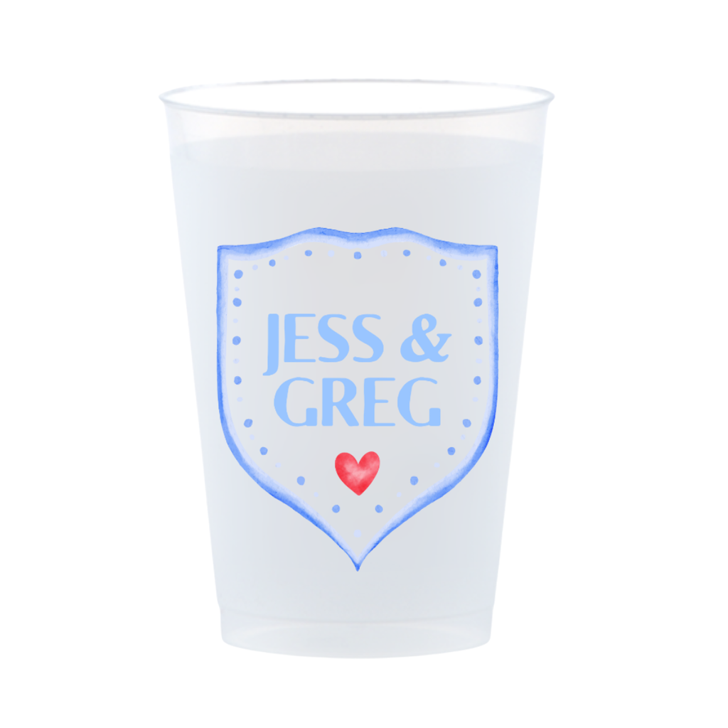 Custom Frosted Wedding Cups With Crest Design | Personalized Names & Date - Custom Front/Back | 2 Size Options