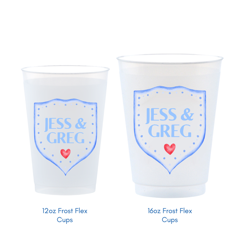 Custom Frosted Wedding Cups With Crest Design | Personalized Names & Date - Custom Front/Back | 2 Size Options