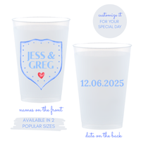 Custom Frosted Wedding Cups With Crest Design | Personalized Names & Date - Custom Front/Back | 2 Size Options
