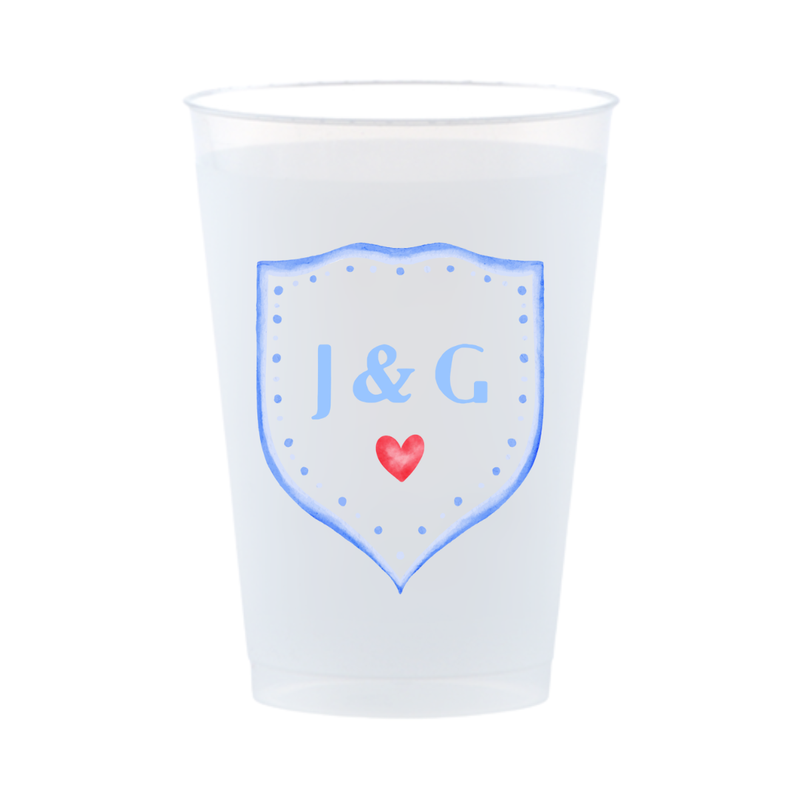 Custom Frosted Wedding Cups With Crest Design | Personalized Names & Date - Custom Front/Back | 2 Size Options
