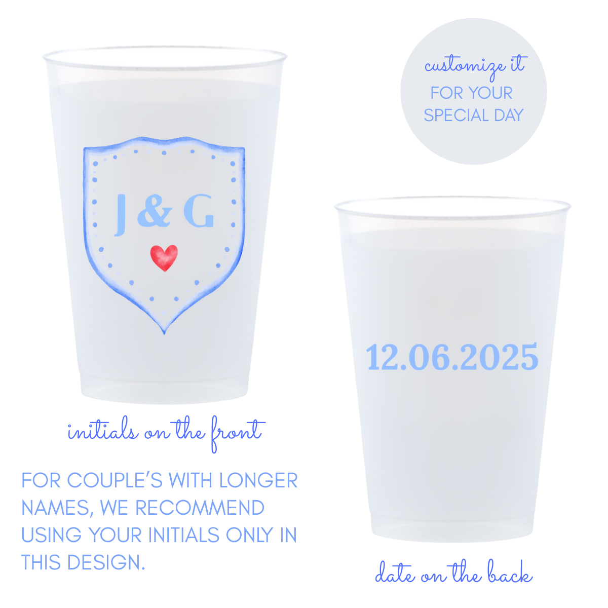 Custom Frosted Wedding Cups With Crest Design | Personalized Names & Date - Custom Front/Back | 2 Size Options