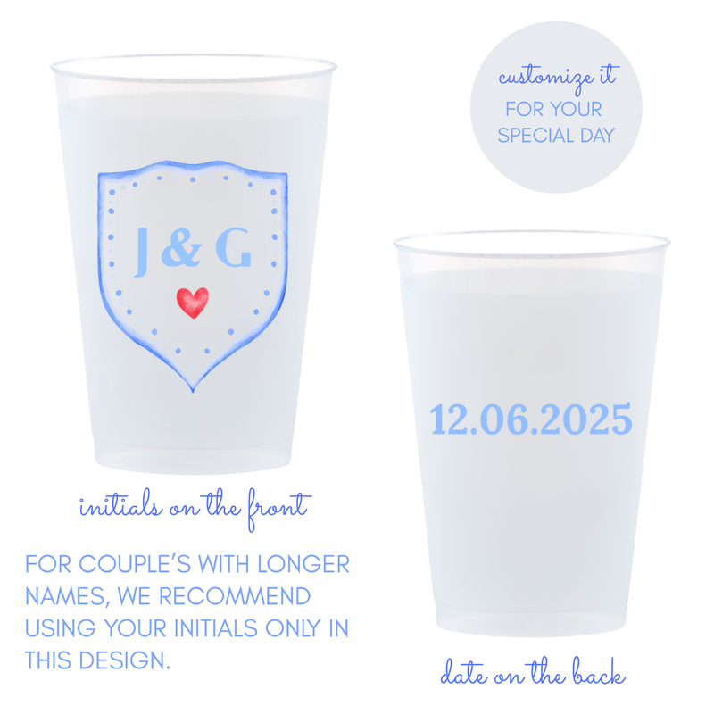Custom Frosted Wedding Cups With Crest Design | Personalized Names & Date - Custom Front/Back | 2 Size Options