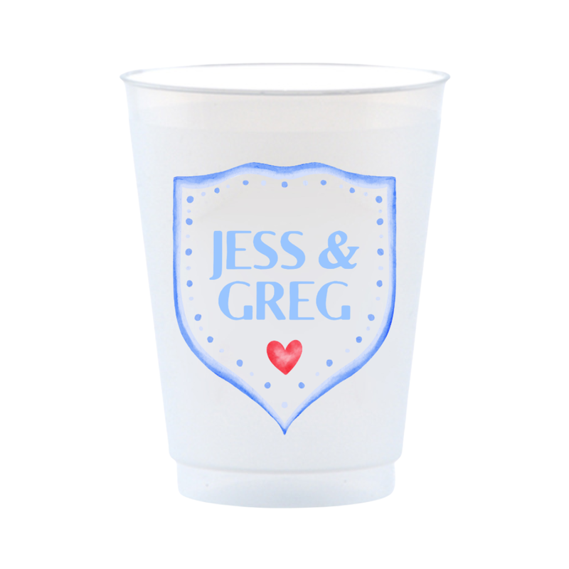 Custom Frosted Wedding Cups With Crest Design | Personalized Names & Date - Custom Front/Back | 2 Size Options