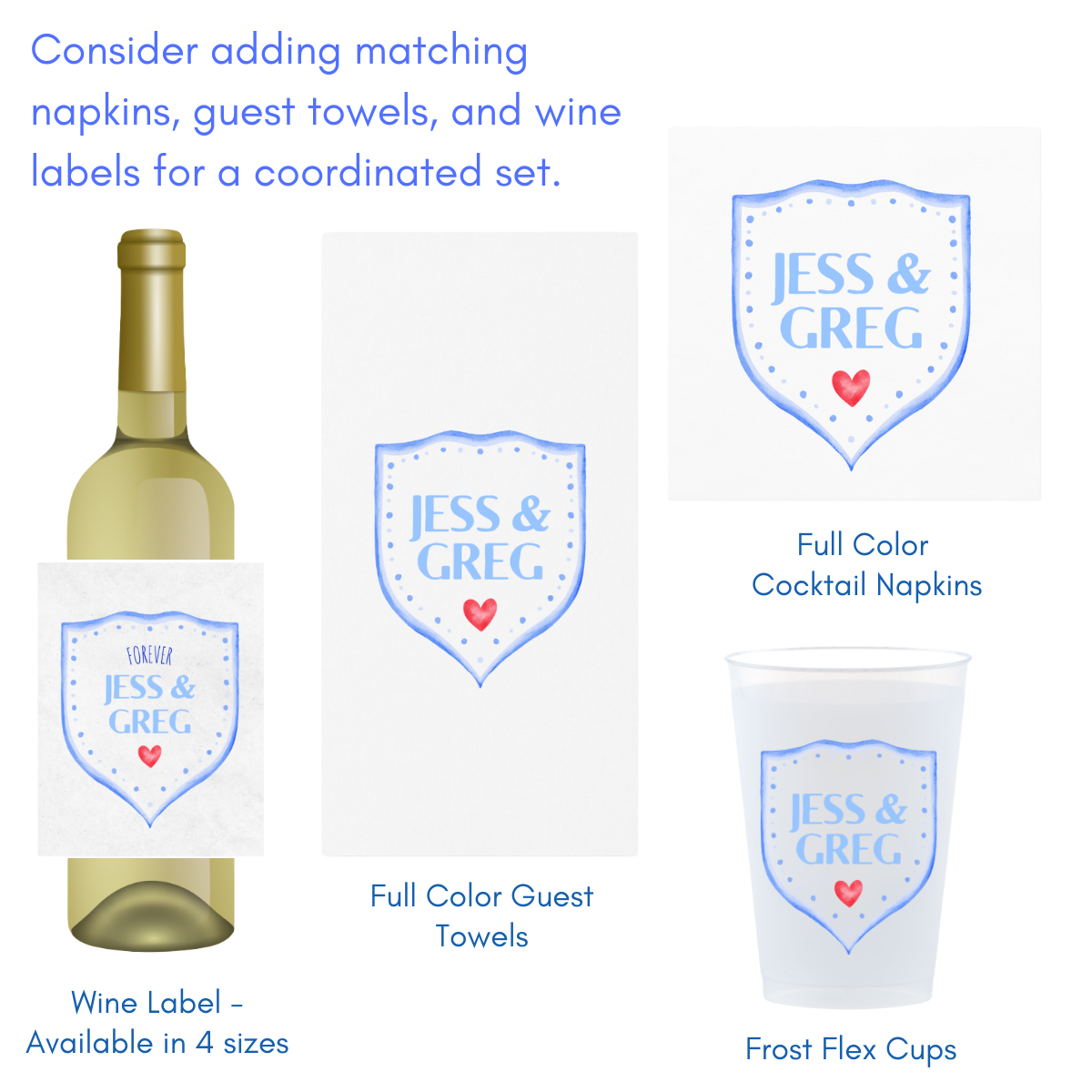 Custom Frosted Wedding Cups With Crest Design | Personalized Names & Date - Custom Front/Back | 2 Size Options