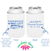 Two white can coolers with personalized text and branding on a white background showing both the front and the back of the can cooler sleeve