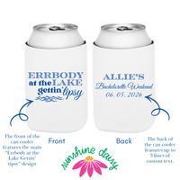 Two white can coolers with personalized text and branding on a white background showing both the front and the back of the can cooler sleeve