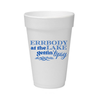 A white foam cup with blue printed text reading 'ERRBODY at the LAKE gettin' tipsy' and small wave graphics, shown on a plain white background.
