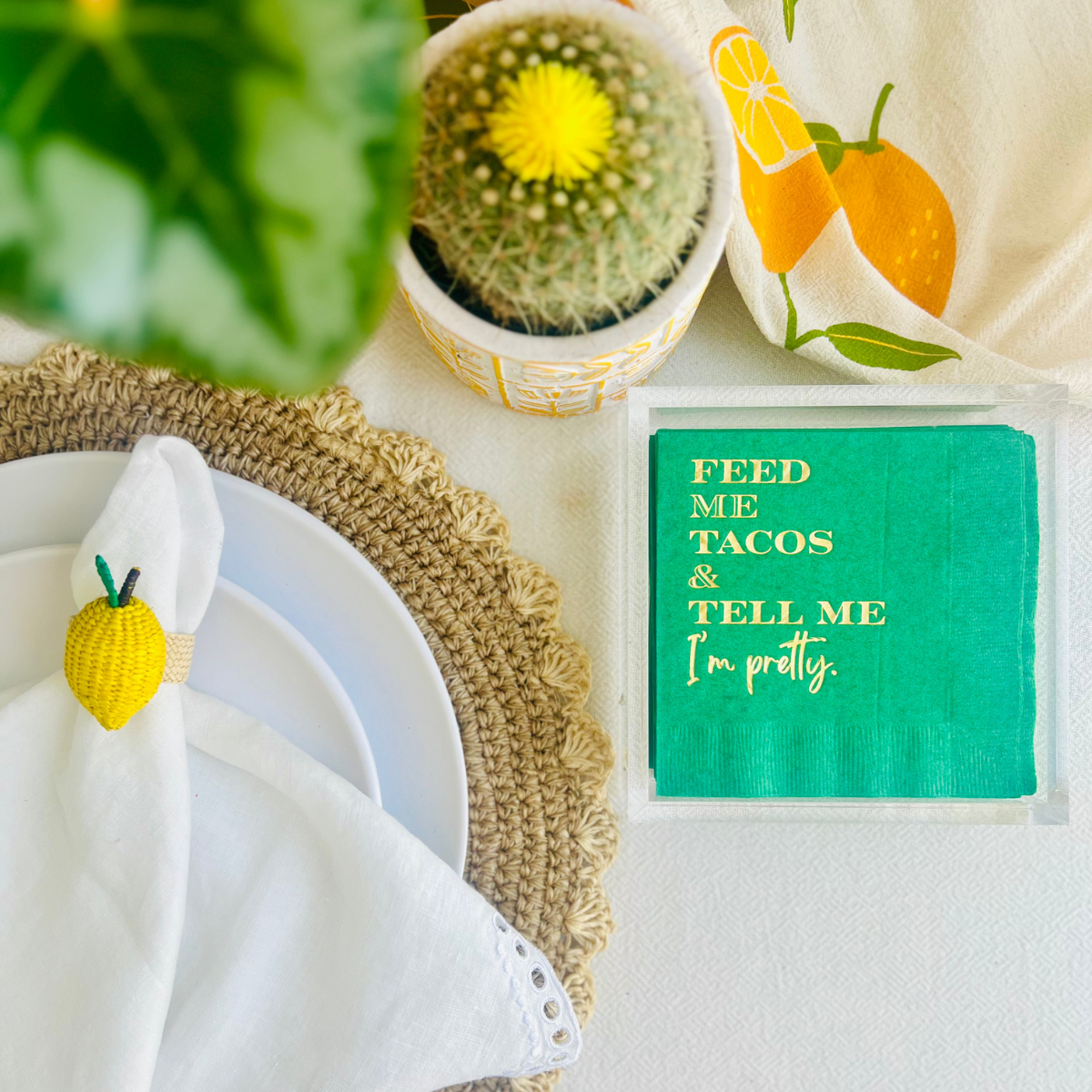 Green paper napkins with text that reads "Feed Me Tacos & Tell Me I'm Pretty" is shown in an acrylic napkin holder on a table with a potted cactus, and a table setting. 