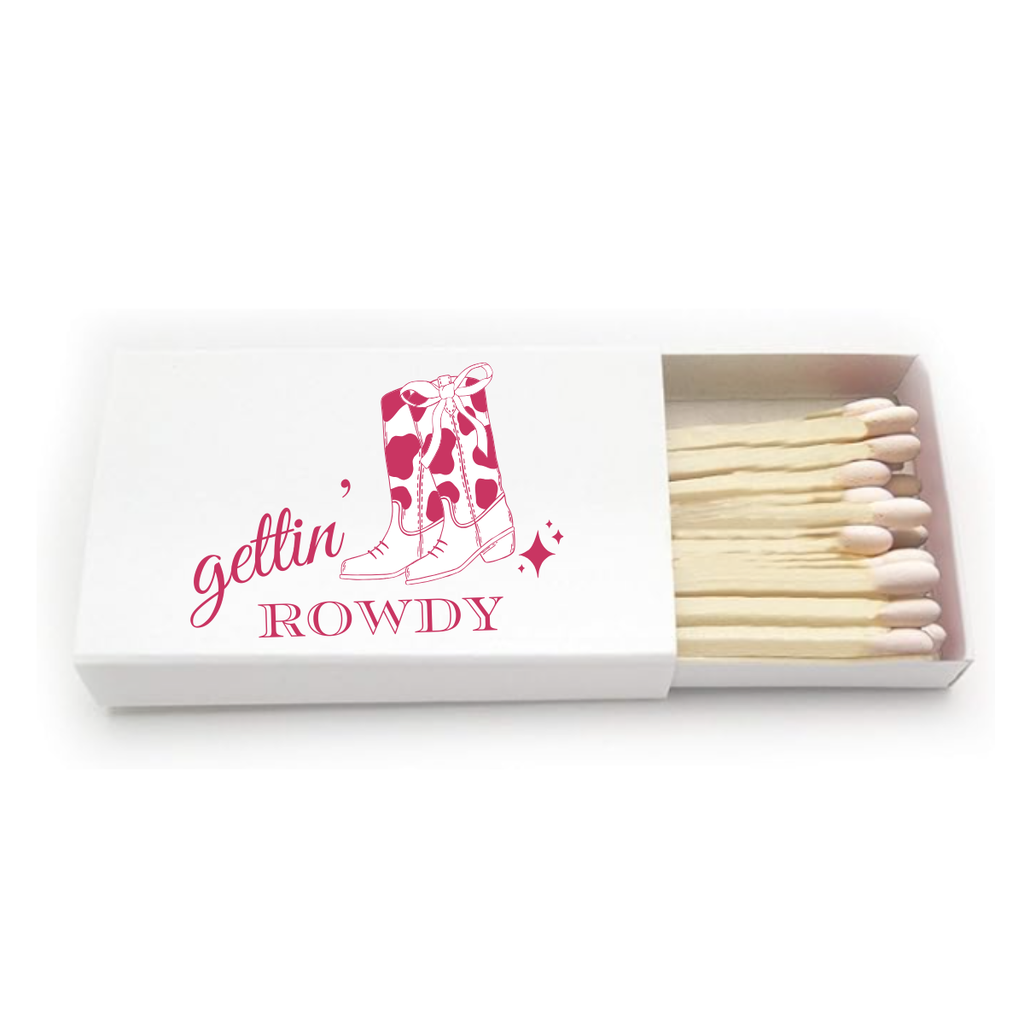 Matchbox with 'gettin' Rowdy' text and boot design on a white background