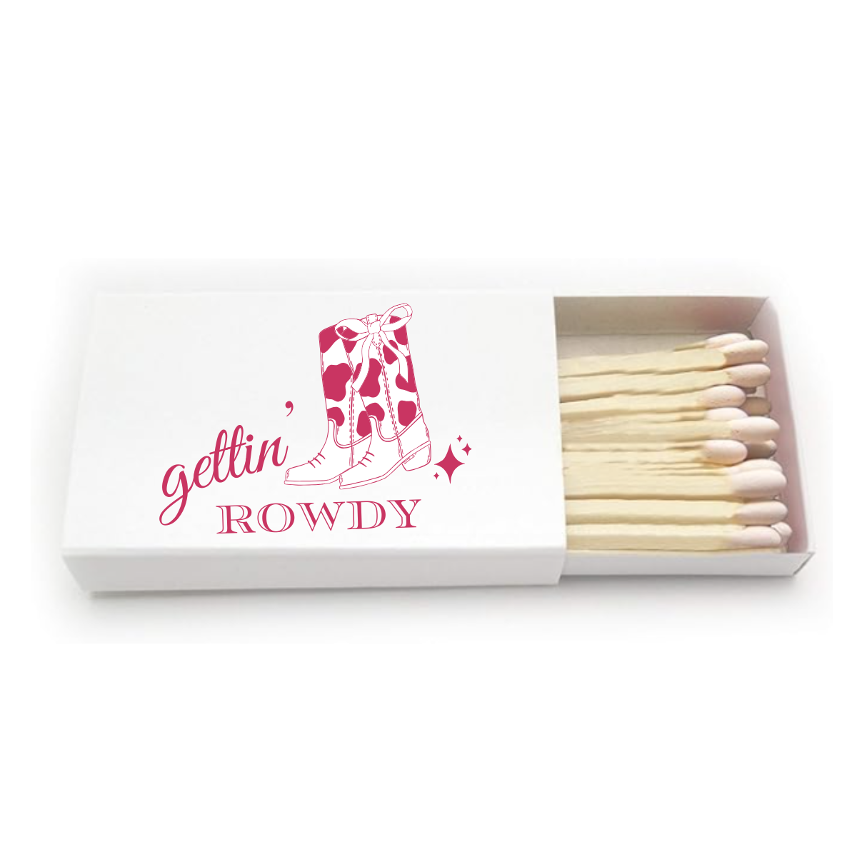 Matchbox with 'gettin' Rowdy' text and boot design on a white background