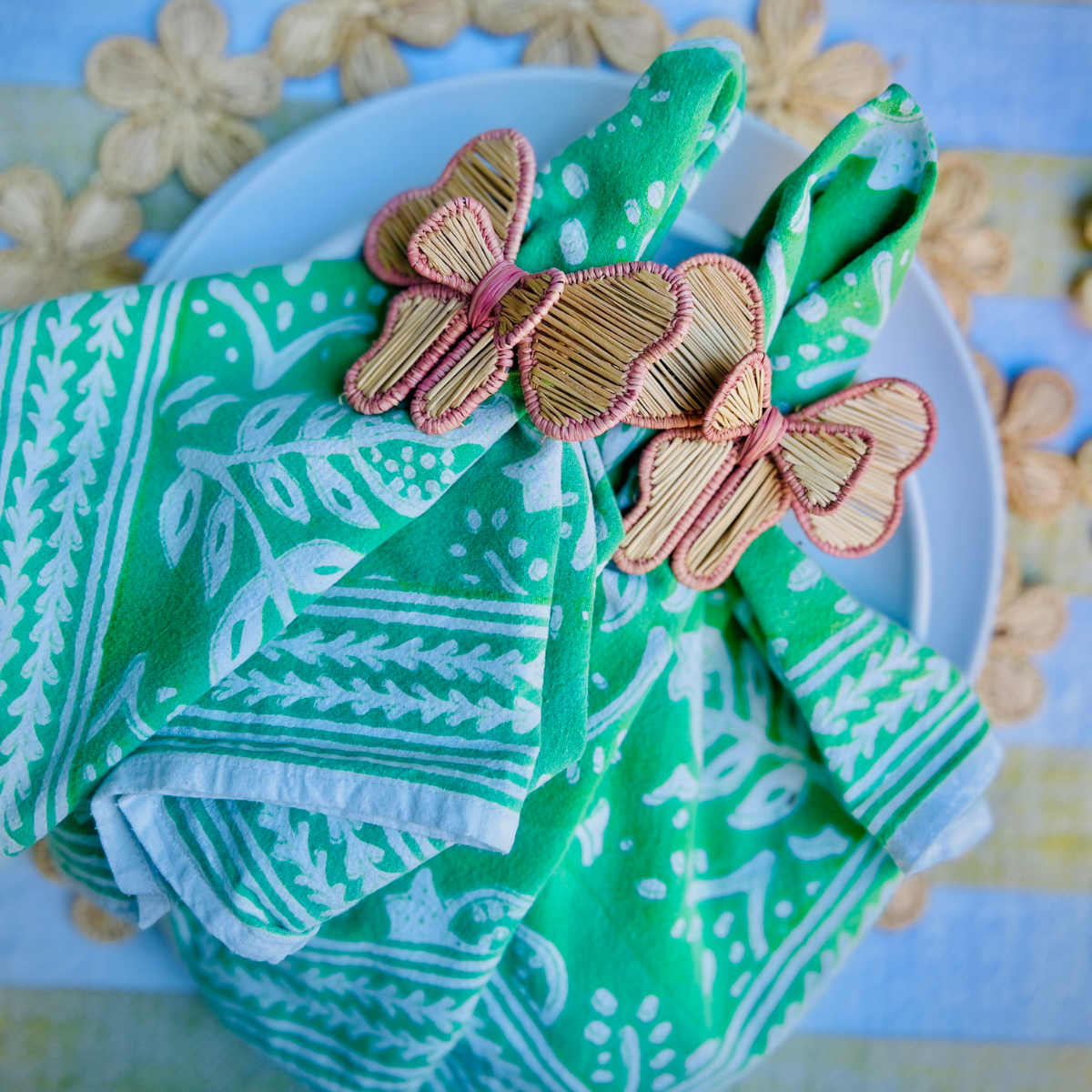 Handwoven Bow Napkin Ring With Pink Trim