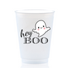 Clear Frost Flex 16oz Cup With An Image Of A Friendly Ghost alongside the phrase, "Hey Boo." Perfect for Halloween parties.