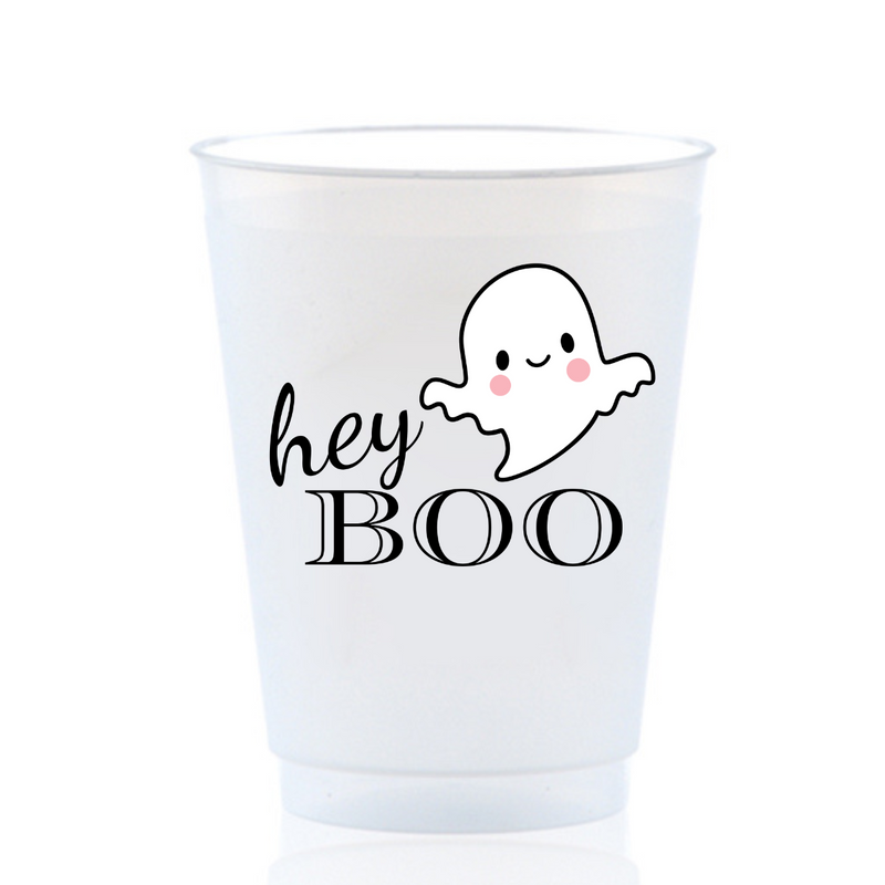 Clear Frost Flex 16oz Cup With An Image Of A Friendly Ghost alongside the phrase, "Hey Boo." Perfect for Halloween parties.