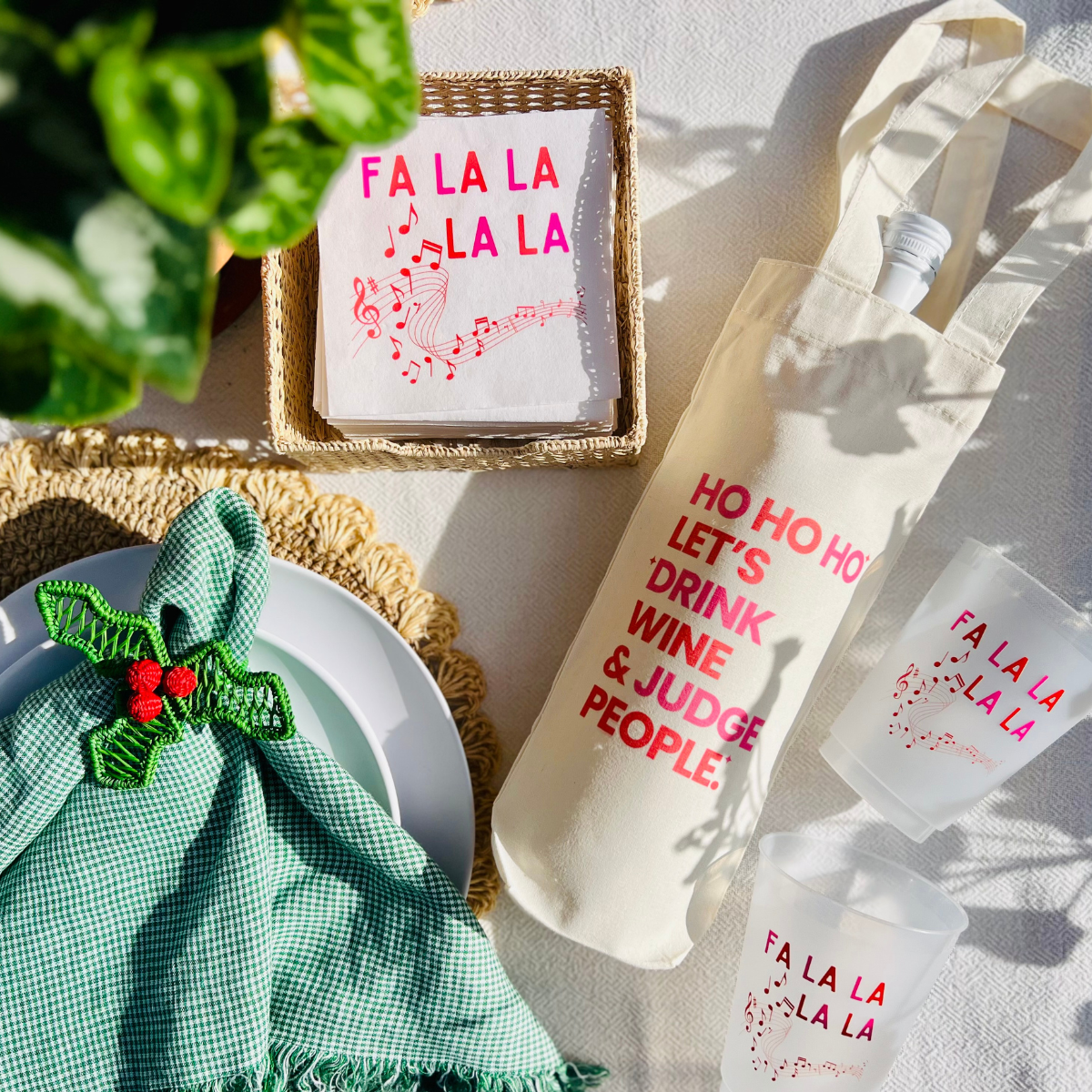 "Ho Ho Ho Let's Drink Wine & Judge People" Canvas Wine Tote - Funny Christmas Wine Gift Bag For Friends & Family